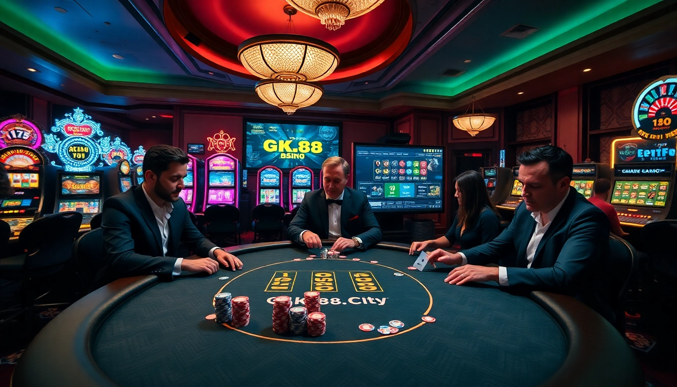 Excited players engaging in high-stakes poker at https://gk88.city/ with luxurious casino decor and vibrant slot machines.