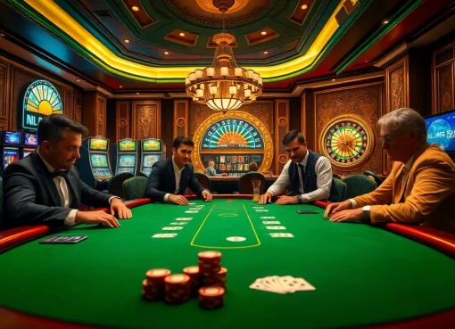 Cảnh poker với tiền cược cao tại https://luck8.net, có sự tham gia của người chơi và các yếu tố sòng bạc sống động.