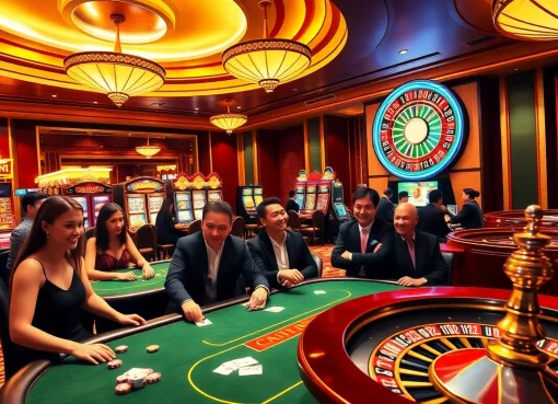 Exciting casino gameplay at CM88 OKVIP with players at the poker table and vibrant slot machines.