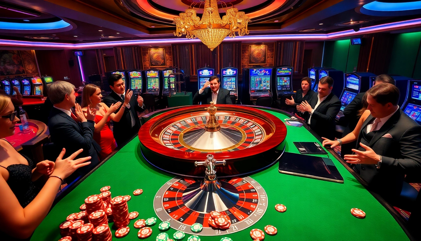 F8BET players enjoying a thrilling game around a roulette wheel in an elegant casino setting.